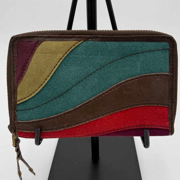 Fossil Handbags - Fossil Multi Color Patchwork Leather Suede Zip Around Wallet Brown Boho EUC